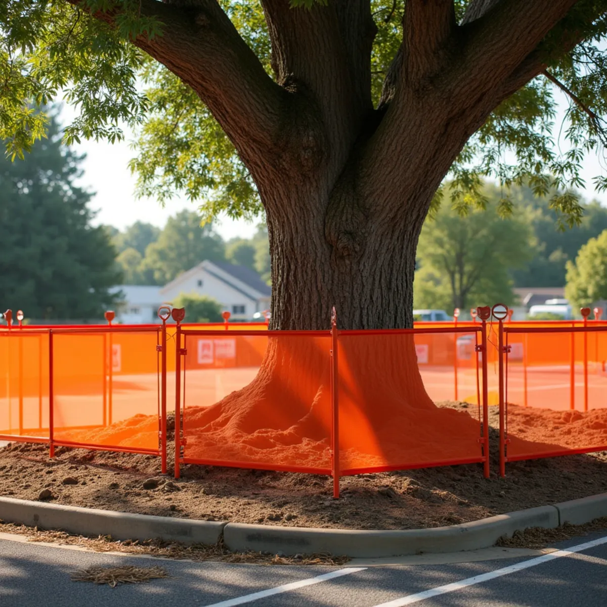 Bright orange tree protection zone fence around mature white oak on building lot