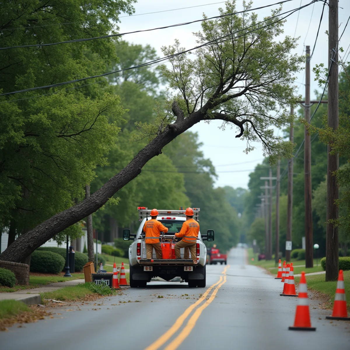 Utility line safety clearance around storm-damaged tree branches