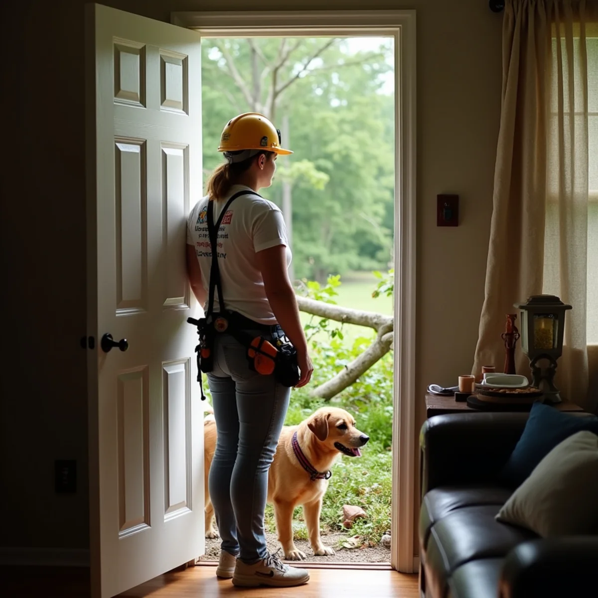 Homeowner safely evacuating pets and family away from fallen tree fall zone