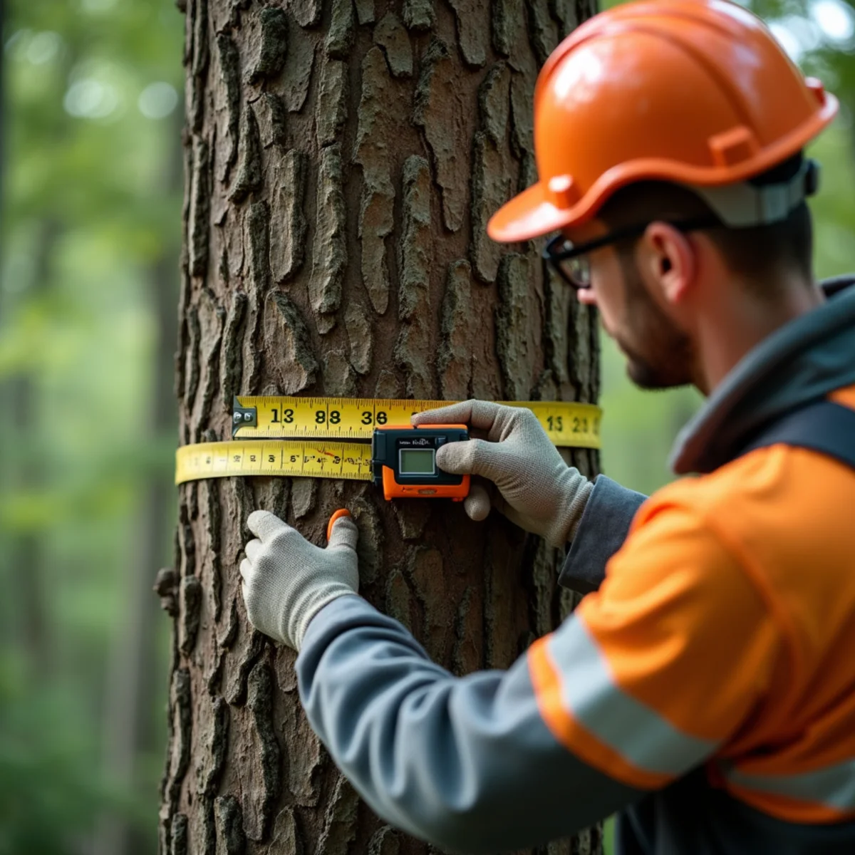 Tree estimator measuring trunk diameter of mature oak tree with logger tape