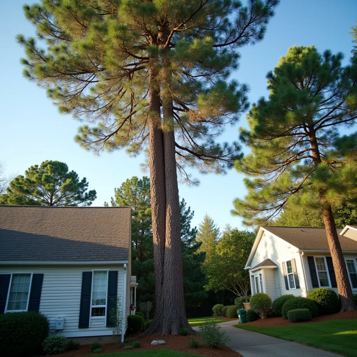 Large tree canopy overhanging residential shingle roof and solar panels
