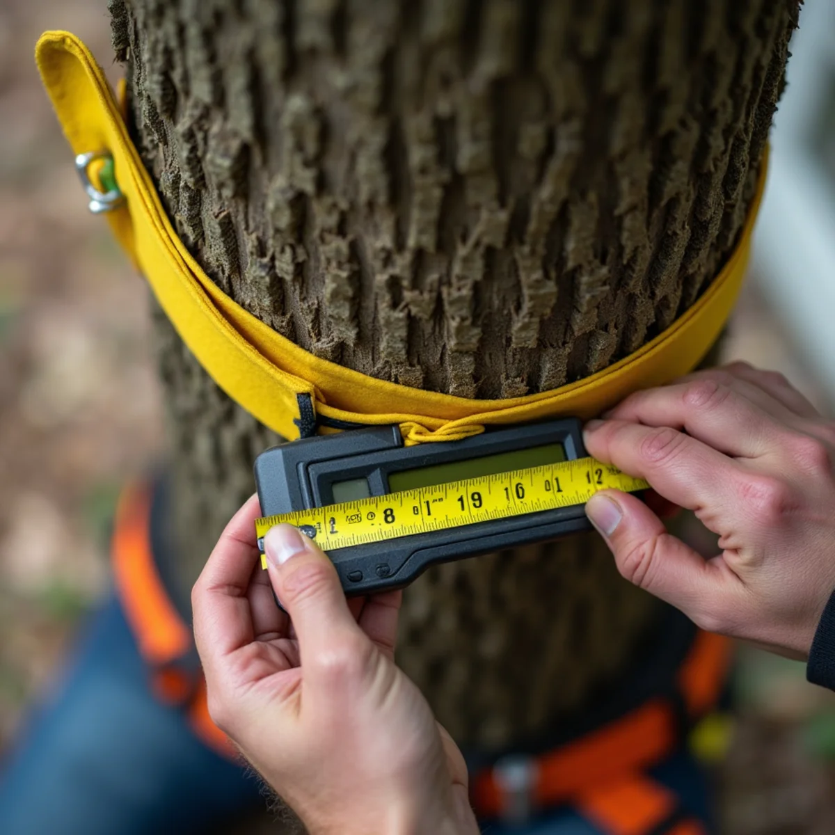 Arborist measuring 12-inch DBH trunk diameter for Town of Davidson permit application