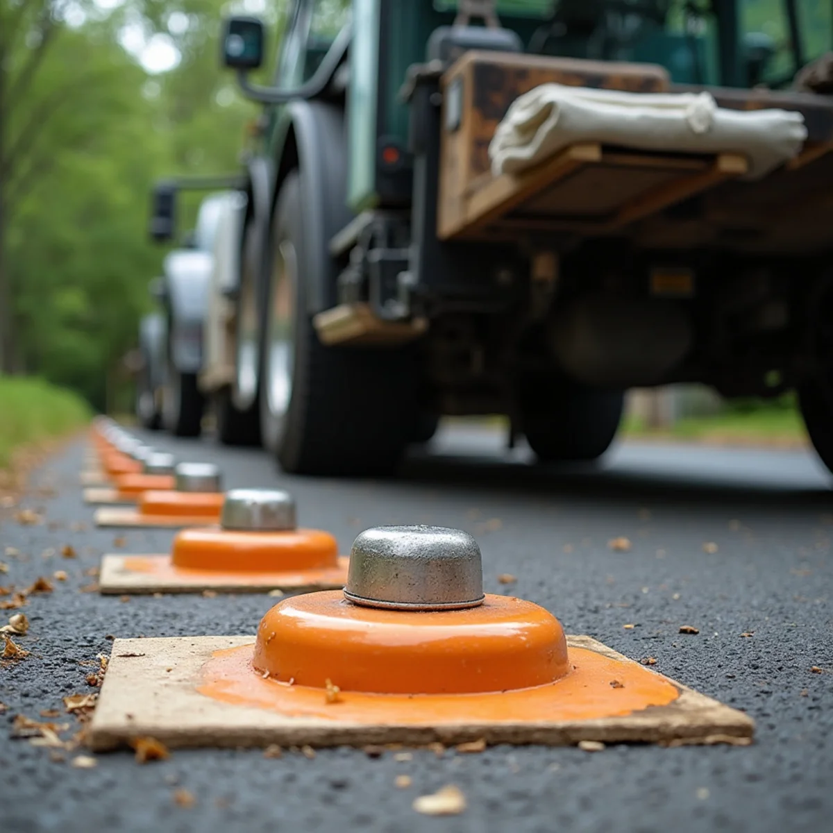 Mobile crane outriggers set on heavy composite pads to protect residential driveway