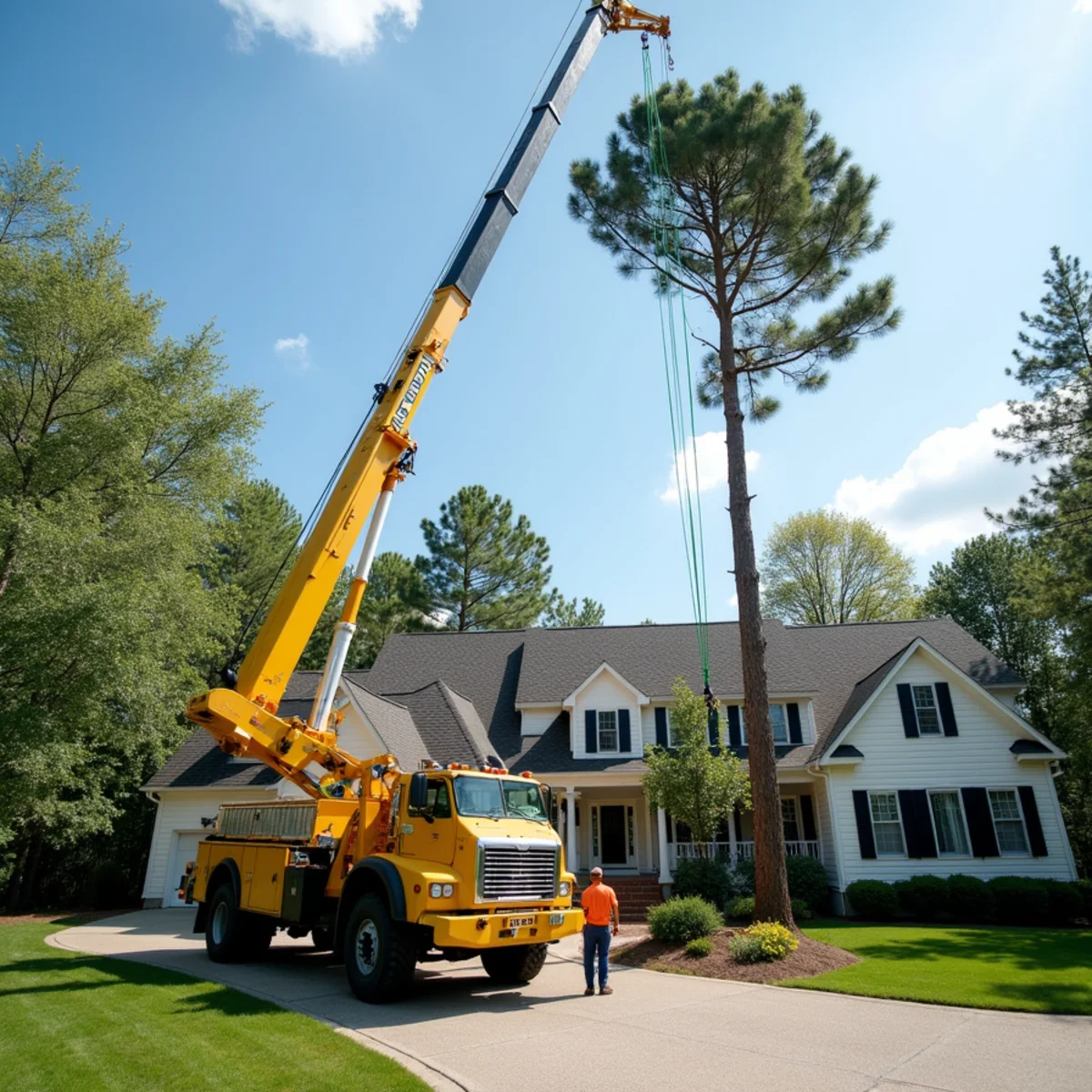 Heavy hydraulic crane hoisting massive pine tree canopy section cleanly over a residential roofline in Mooresville NC
