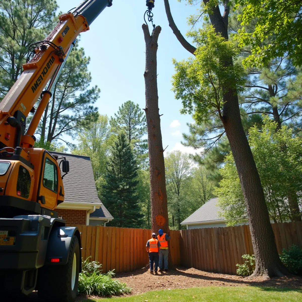 Hydraulic mobile crane hoisting severed tree canopy section over house roofline
