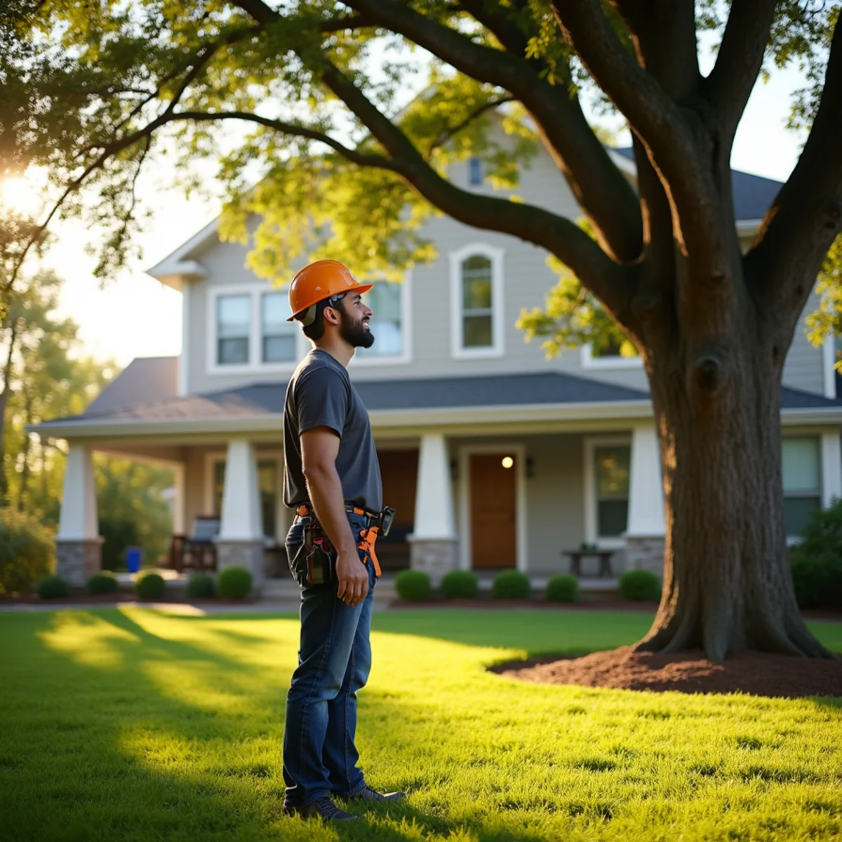 Satisfied Mooresville homeowner standing in pristine landscaped yard after tree removal