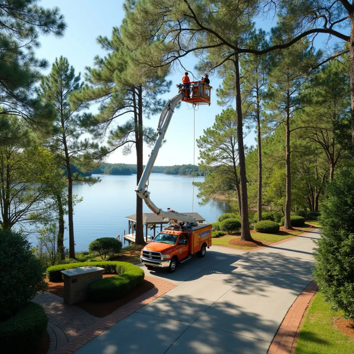 Tree care crew pruning lakeside shade trees near The Peninsula golf course homes in Cornelius NC