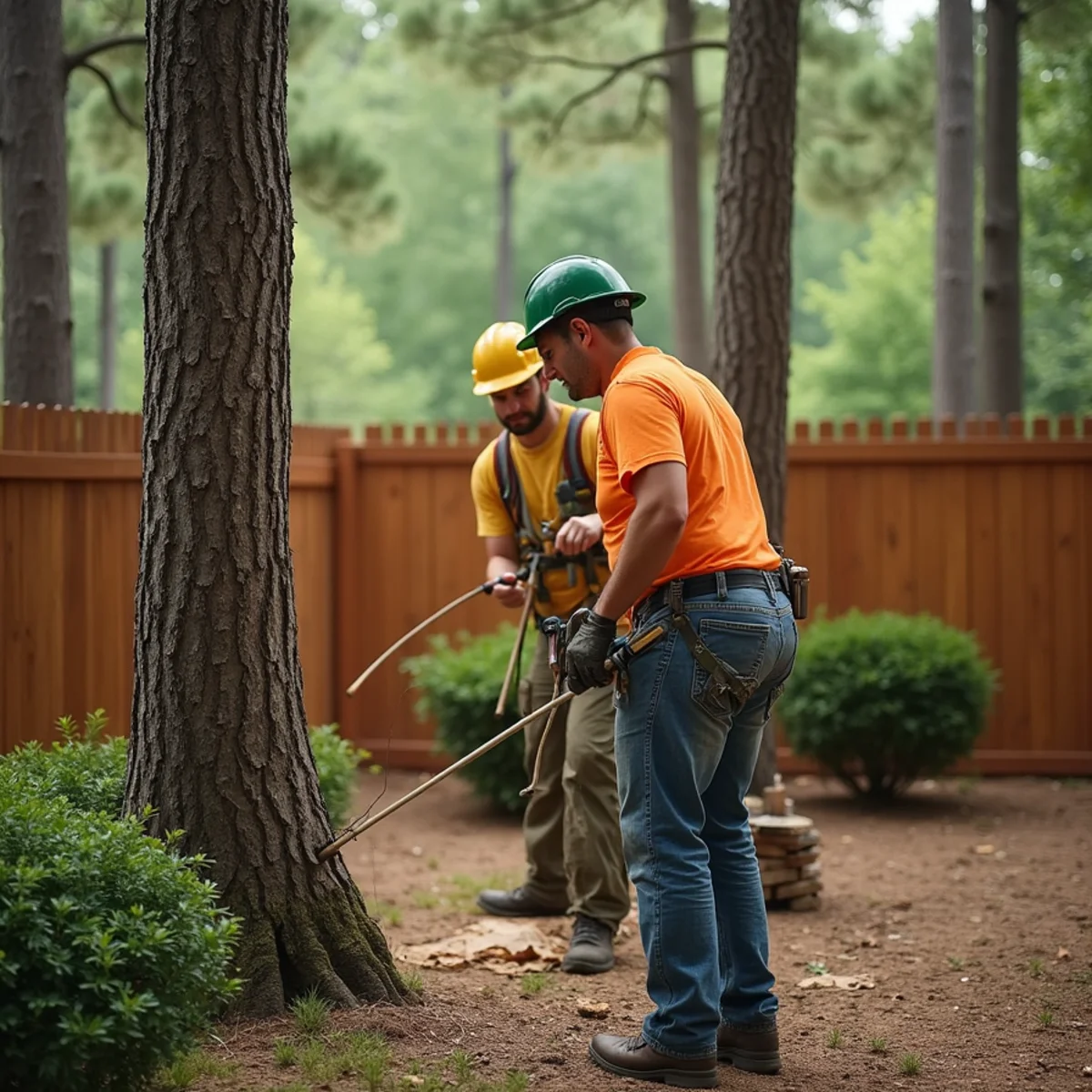 Tree crew removing failing buffer pines and Leyland cypress in Huntersville NC subdivision