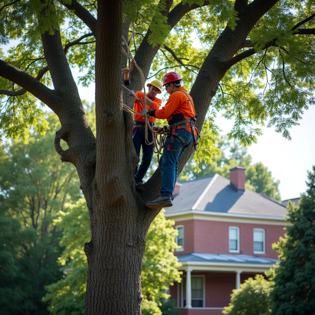 Arborist bucket truck trimming decaying branches in historic district Statesville NC