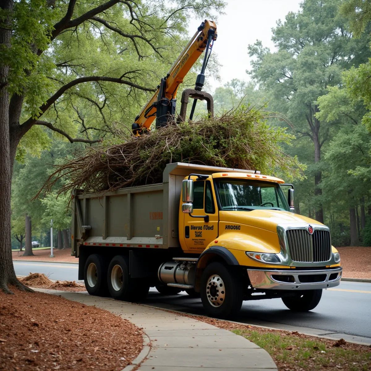 Grapple loader truck clearing heavy storm-damaged oak logs in Mooresville neighborhood