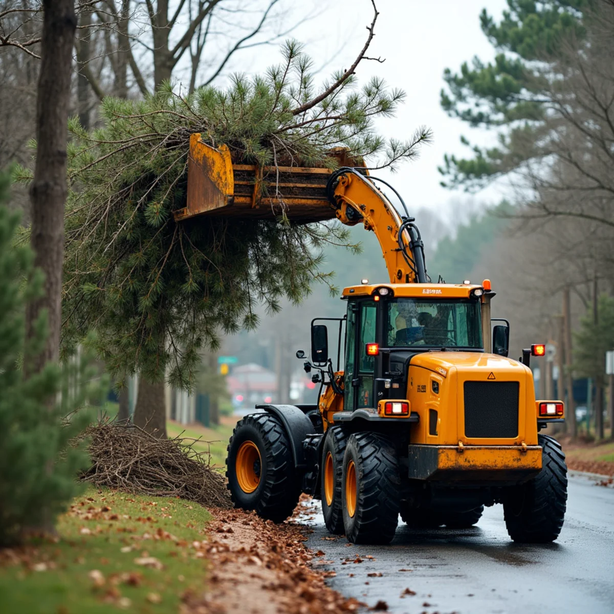 Storm cleanup crew loading fallen limbs and tree debris into grapple trucks after severe storm in Mooresville NC
